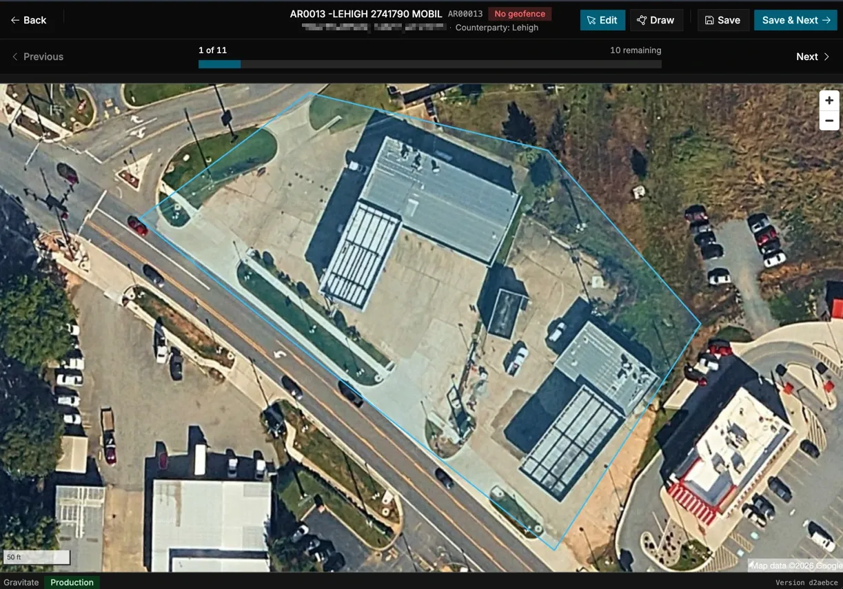 Dispatch geofence editor showing a convenience-store boundary drawn on a satellite map